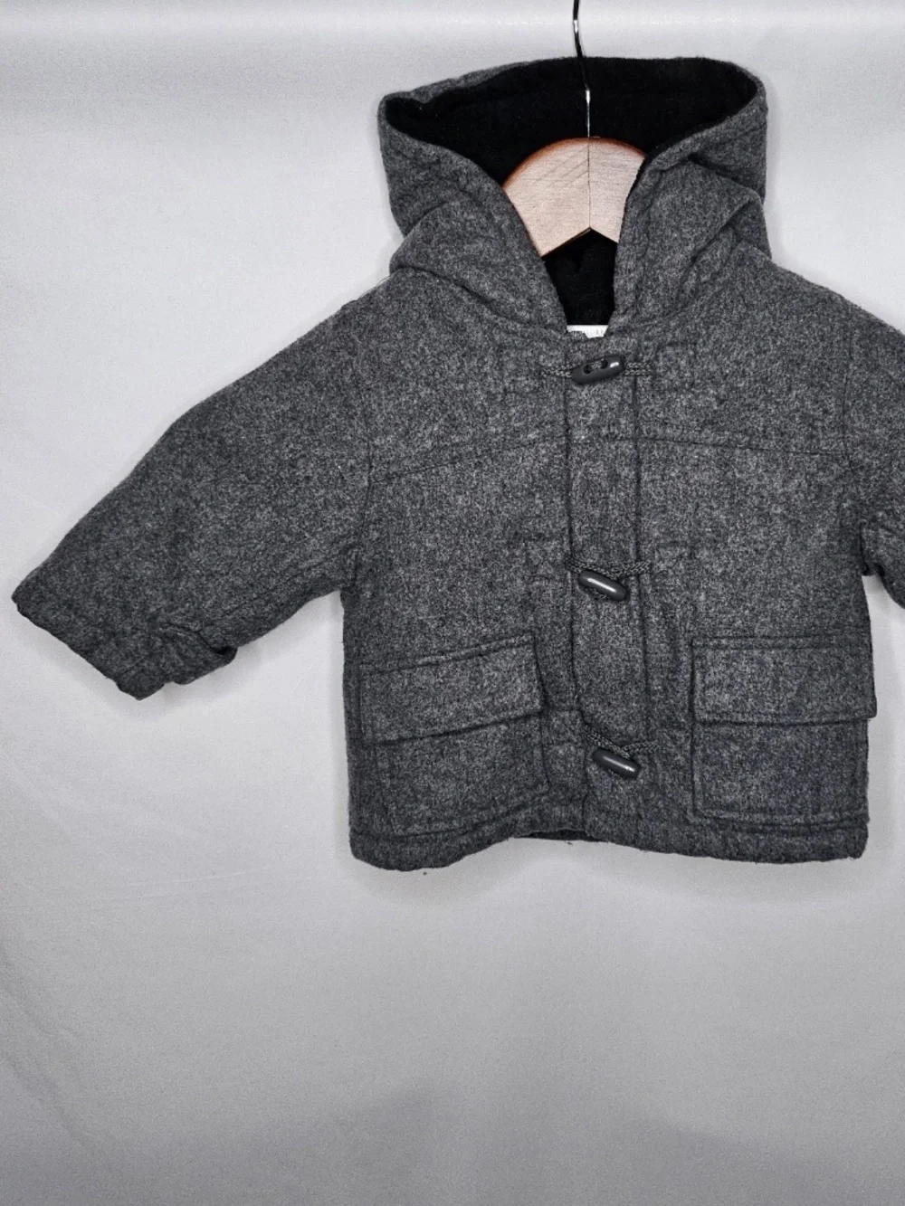 Baby Boy Infant Childrens Place Gray Wool Blend Zip Button Pea Coat Hooded 6-9M